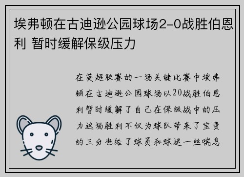 埃弗顿在古迪逊公园球场2-0战胜伯恩利 暂时缓解保级压力 埃弗顿在古迪逊公园球场2-0战胜伯恩利 暂时缓解保级压力